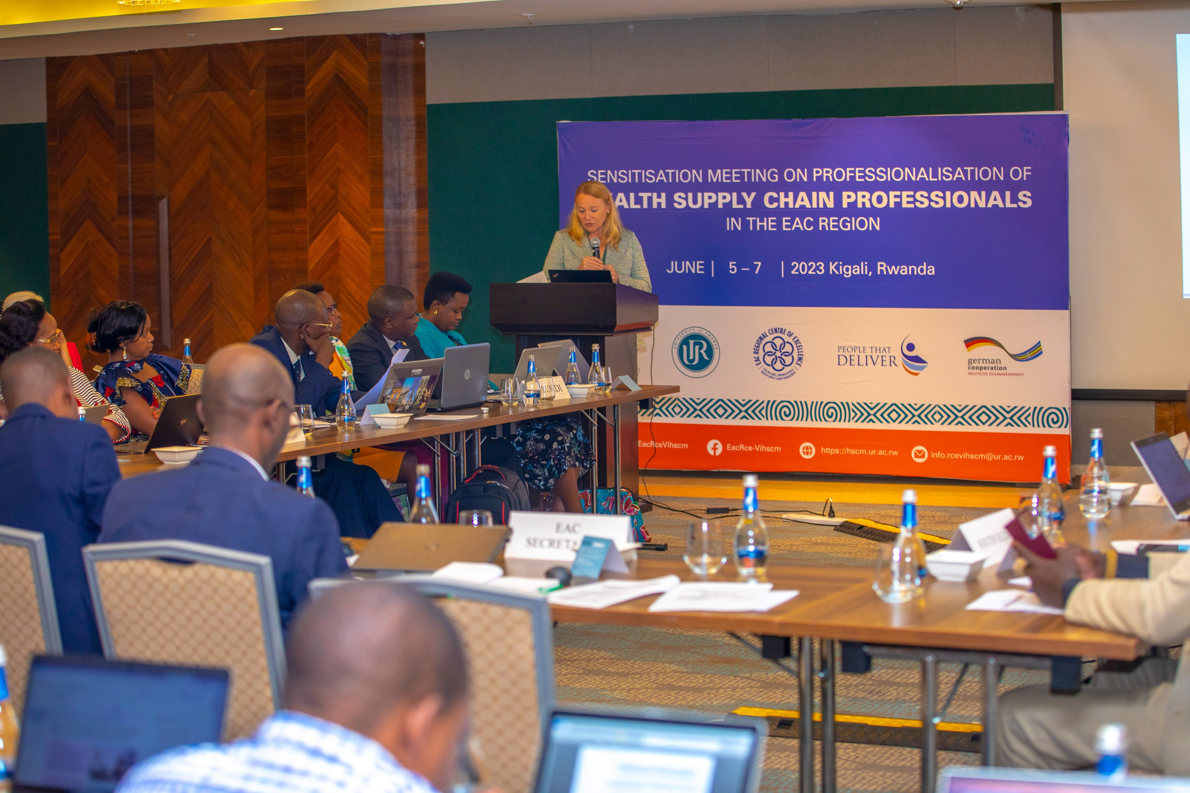 Dominique Zwinkels speaking at the sensitisation meeting on professionalisation of health supply chain professionals in the EAC region