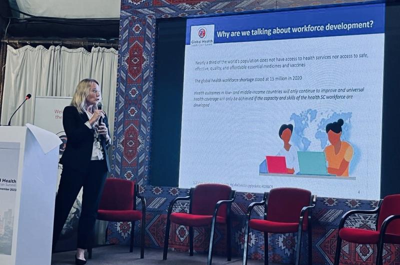 Dominique Zwinkels making the case for investing in workforce development at the GHSC Summit in Nairobi